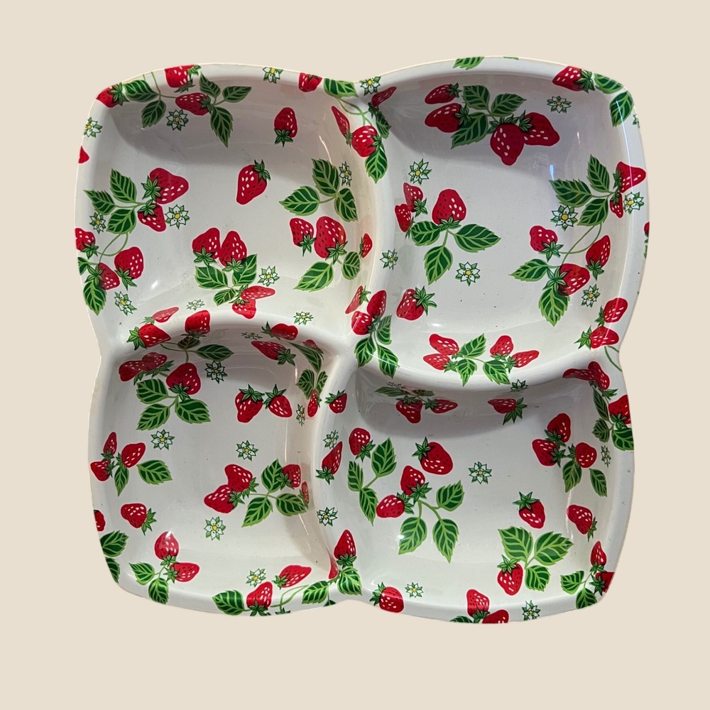Vintage Strawberry Divided Snack Tray Lot of 2 kitsch cottagecore whimsy fairy
